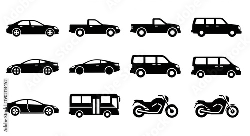 Collection of Vehicle Silhouettes Icons Transportation Set.