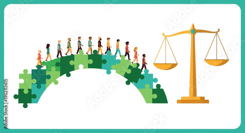 Diverse group of people standing on puzzle pieces forming an arch with a scale of justice beside them.
