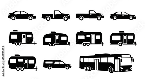 Collection of Vehicle Silhouettes Including Cars Trucks RVs and Bus.