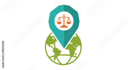 Global Justice and Equality Symbol with Map Pin and Scales.