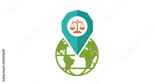 Global Justice and Law Icon with Map Pin and Scales.