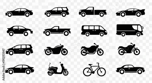 Collection of Vehicle Silhouettes on Transparent Background.