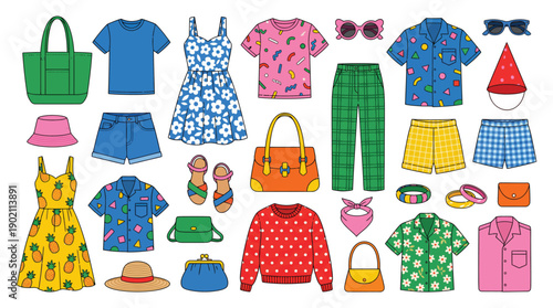 Summer Female Clothing Vector Set, Stylish Women’s Fashion Apparel and Dress Collection Including Bikini Swimsuit, Beach Accessories and Trendy Summer Garments for Apparel Design and Editorial Use