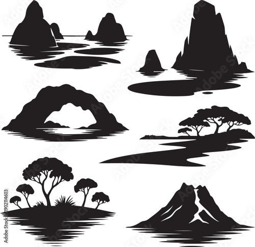 black and white silhouette landscape icons with mountains and trees