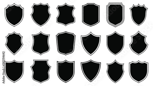 Black shield icon set, outlined heraldic emblems, protective graphic symbols, classic security badge illustrations, vector design elements.