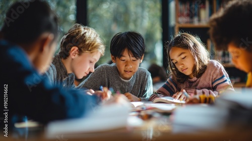 Diverse group of children engaged in collaborative learning at school
