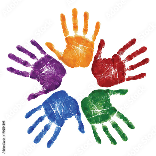 Kids Hand Prints in Red, Green, Blue, Yellow, and Violet Colors, Colorful Children Handprint Illustration Isolated on White Background for Education, Art, and Creativity Design