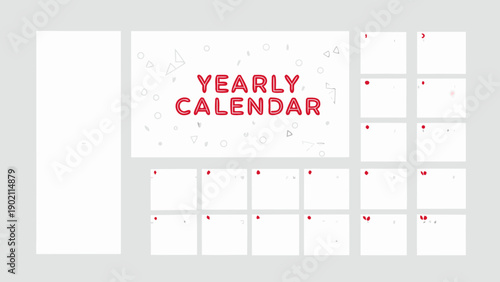 Soft rounded grid yearly calendar template with red text on white background for planning and organization