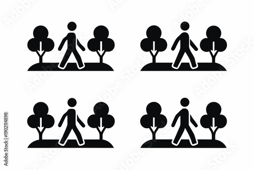 set of People walking in park silhouette vector illustration isolated on white background