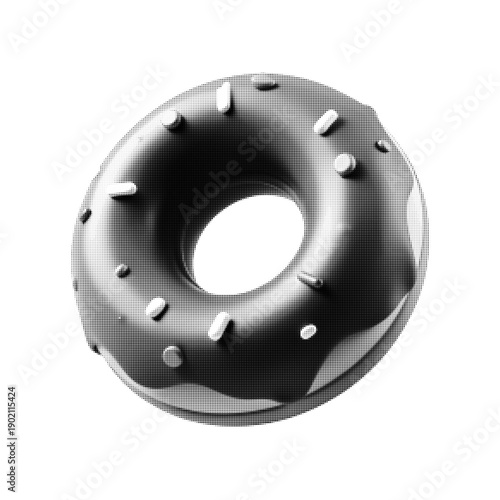 Black and white halftone illustration of a glazed donut with sprinkles. Retro dot screen style food artwork, minimal and isolated, pop art concept for dessert, bakery, sweet, and snack design.