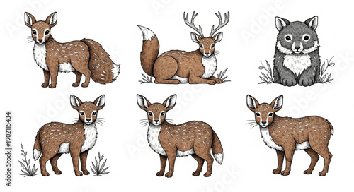 Collection of Woodland Creatures Deer Fox Wolf Illustrations.