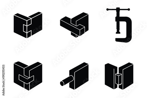 Set of woodworking joinery icons in black silhouette style. Wood Joinery and Construction Icons.
