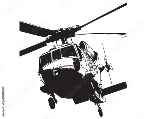 Military Helicopter Illustration in Dynamic Black and White Style