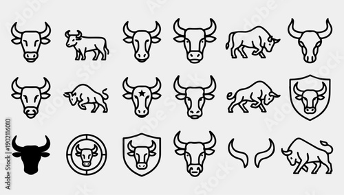 Collection of 15 black line and silhouette icons depicting various bull and cow headshots, logos, and horns on a plain background.
