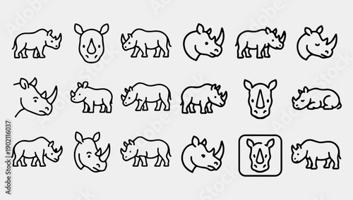 Collection of various black line art rhinoceros illustrations on a gray background with different poses and angles.