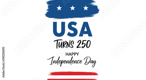 USA 250th Independence Day celebration vector illustration, patriotic banner or poster with brush stroke and stars, red white and blue colors, for website or social media
