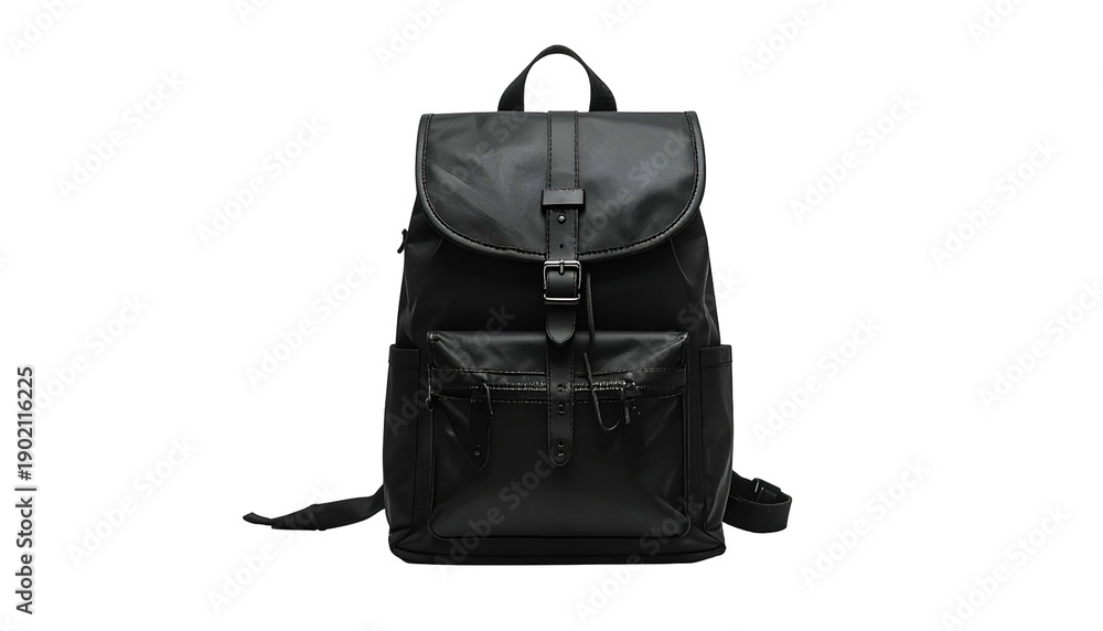 Naklejka premium Black, structured backpack with a flap closure, buckle, and drawstring. Features exterior pockets and adjustable straps. Isolated on a black background