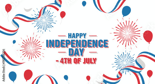 Patriotic 4th of July celebration background with fireworks, balloons and ribbons, for banner or poster