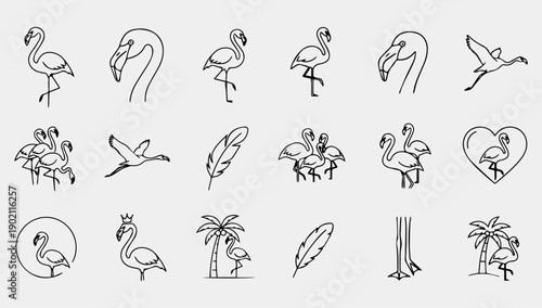 A minimalist line art illustration set featuring various flamingo poses and tropical elements on a plain background.