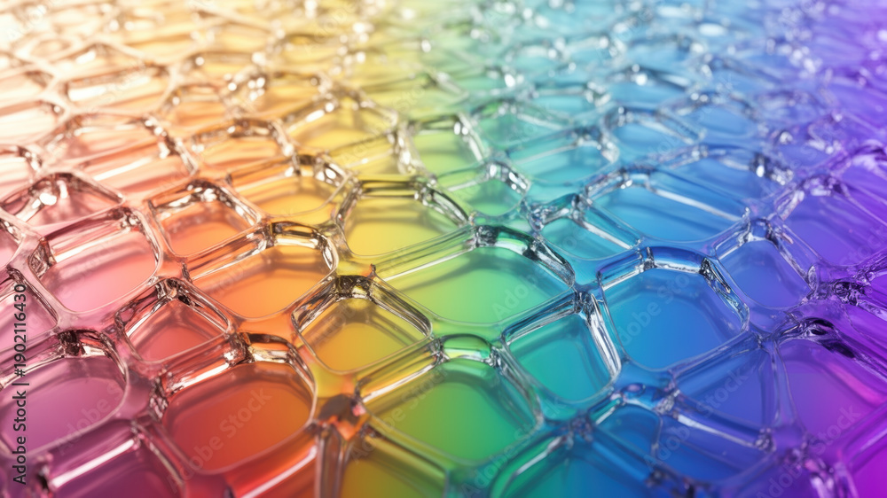 Fototapeta premium Rainbow Glass Lattice Macro, Translucent Crystal Grid with Gradient Colors, Modern Liquid Glass Abstract Design for Branding and UI