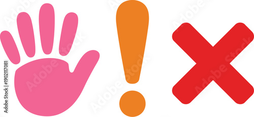 Warning symbols set, pink hand print orange exclamation mark and red x icon arrangement