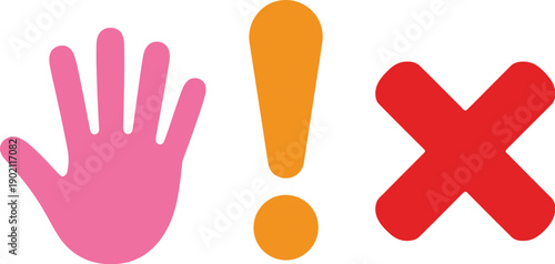 Warning symbols set, colorful hand exclamation mark and red cross icons in bold graphic style