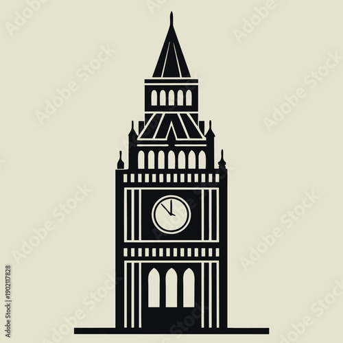 The image depicts a tall clock tower silhouette 