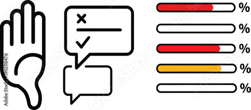 Collection of feedback and survey interface vector icons, representing user opinion, disapproval, communication, data evaluation, and progress status for reports and online polling