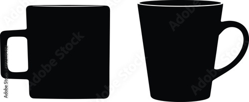 Vector illustration of two distinct black silhouette mugs, one with a modern square shape and another classic tapered design, ideal for beverage icons and kitchenware concepts