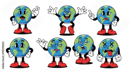 A collection of cartoon illustrations of planet Earth characters displaying various emotions and gestures.