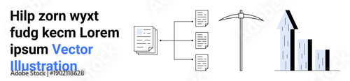 Data analysis, mining process, resource extraction, business development, information management, growth strategy. documents, flowchart pickaxe and growth graph. Data analysis and mining process