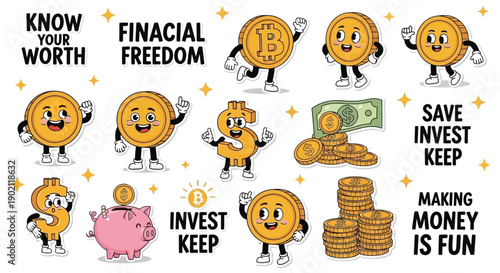 A collection of cartoon coins and dollar signs with faces and arms, representing financial concepts like saving, investing, and freedom.