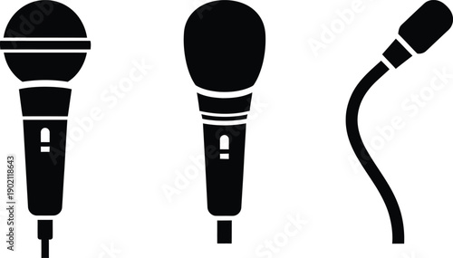 Versatile collection of professional audio microphones in various styles, depicting sleek black vector icons for recording, broadcasting, and public speaking applications