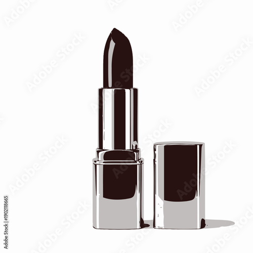 A dark, rich shade of lipstick in a sleek silver tube, with its cap resting beside it on a white background.