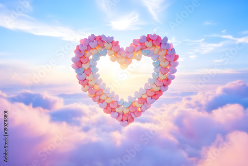 Heart shaped balloons floating in the sky with clouds and sunshine