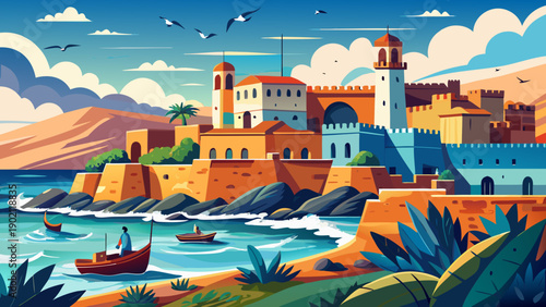 Very beautiful coastal landscape of Essaouira featuring historic fortress walls, fishing port, Atlantic waves, and a harmonious blend of maritime life and Moroccan heritage.