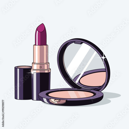A vibrant purple lipstick stands next to an open compact mirror and a powder compact, showcasing a collection of makeup essentials.