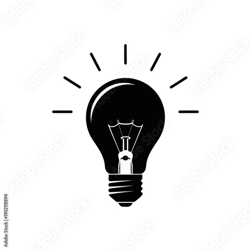 A black and white illustration of a glowing incandescent light bulb with radiating lines.