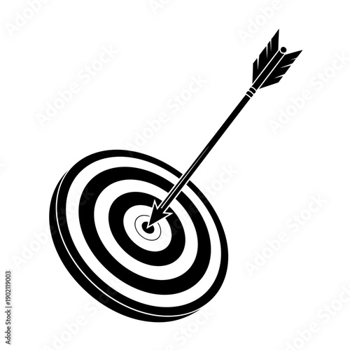 A black and white illustration of an arrow hitting the bullseye of a target, symbolizing accuracy and success.