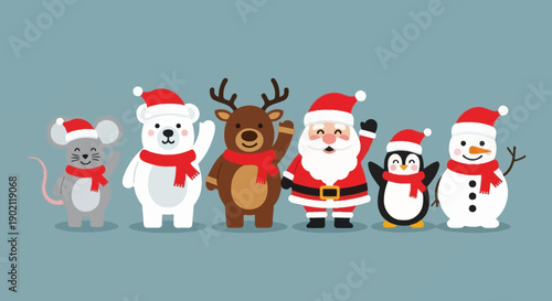 A charming illustration featuring a group of festive Christmas characters including Santa Claus, a snowman, a penguin, a reindeer, a polar bear, and a mouse.