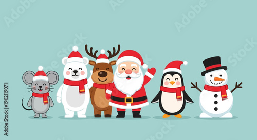 A charming group of festive Christmas characters including a mouse, polar bear, reindeer, Santa Claus, penguin, and snowman.