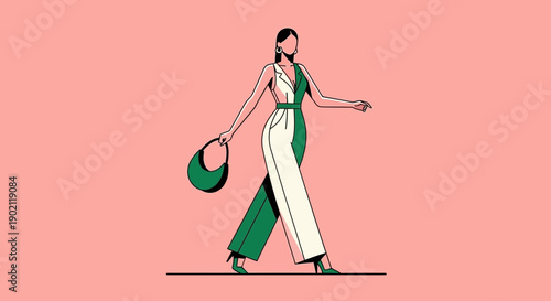 A stylish woman in a two-toned jumpsuit walks confidently with a handbag.