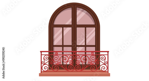 An arched window with a decorative red railing on a balcony, set against a white background.
