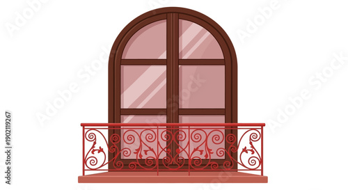 A decorative red metal balcony railing in front of a large arched window with wooden frames.