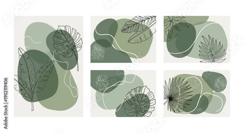 Abstract composition with organic shapes and tropical leaves in shades of green and beige.