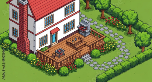 Cozy suburban house with a wooden deck and garden.