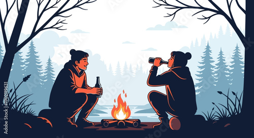 Two people are sitting around a campfire in the woods, drinking from bottles.