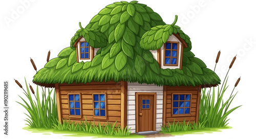 A charming, whimsical wooden cottage with a lush green leaf-covered roof, surrounded by tall grass and reeds.