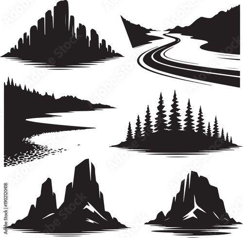 black silhouettes of mountains and trees by water