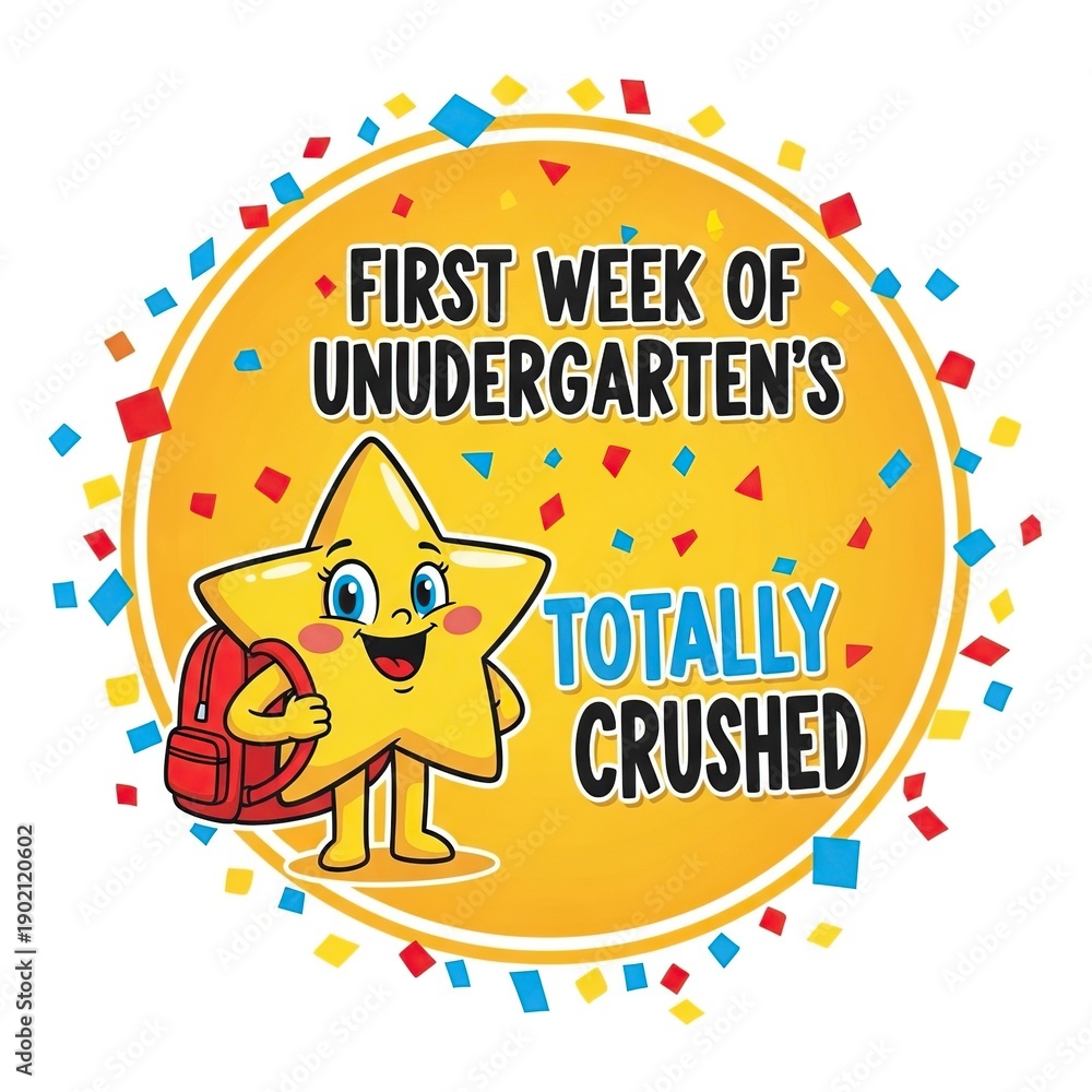 Fototapeta premium Cheerful smiling star character with backpack celebrating first week of Unudergarten in vibrant flat illustration design